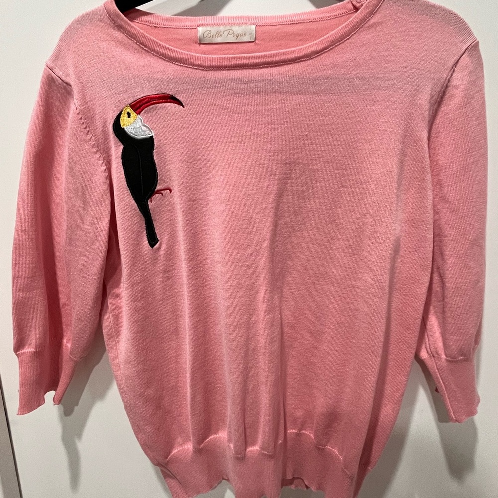 Pink Crew Neck Sweater with Toucan Embroidery